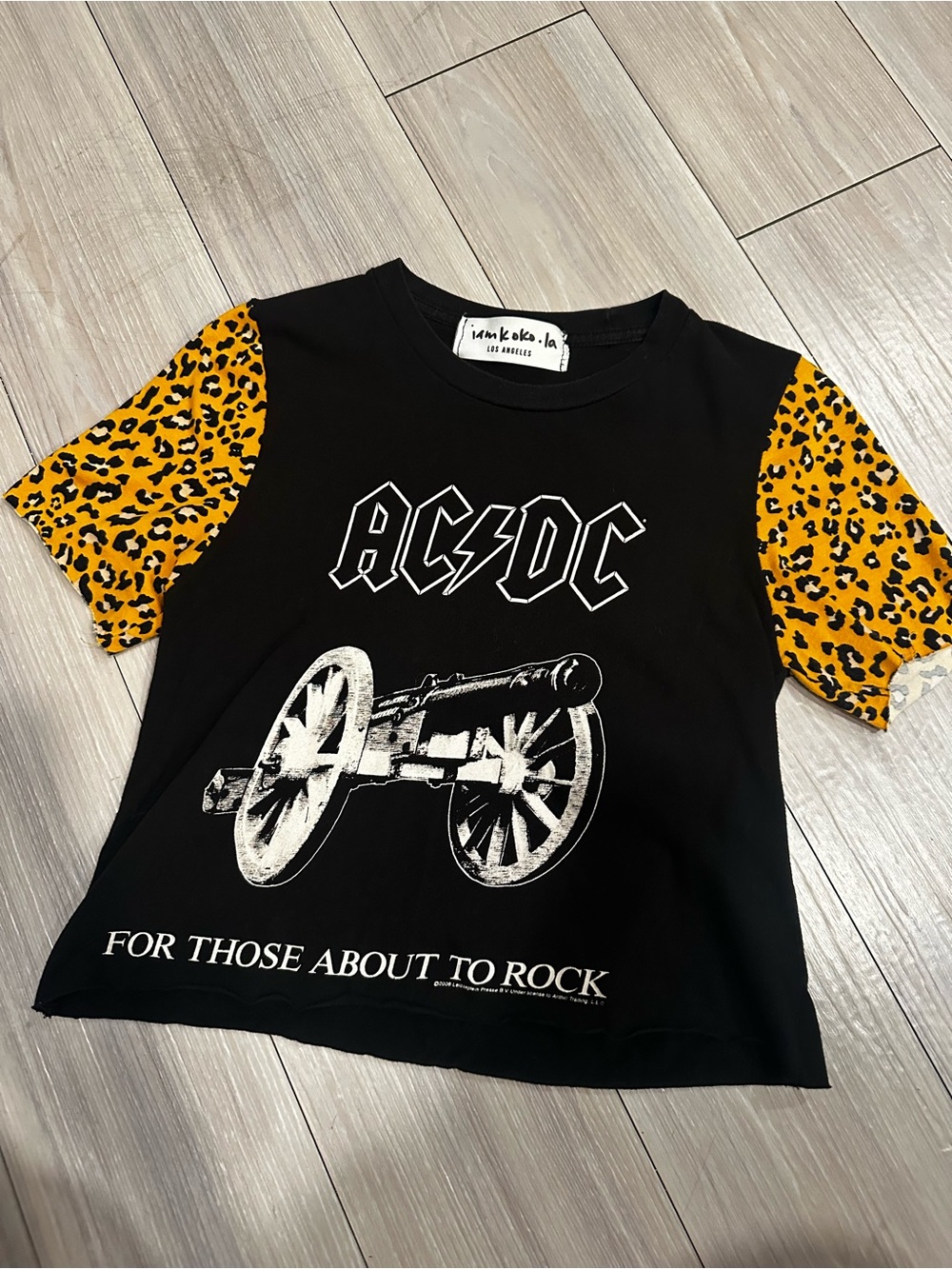 AC/DC Graphic Tee with Yellow Leopard Sleeves